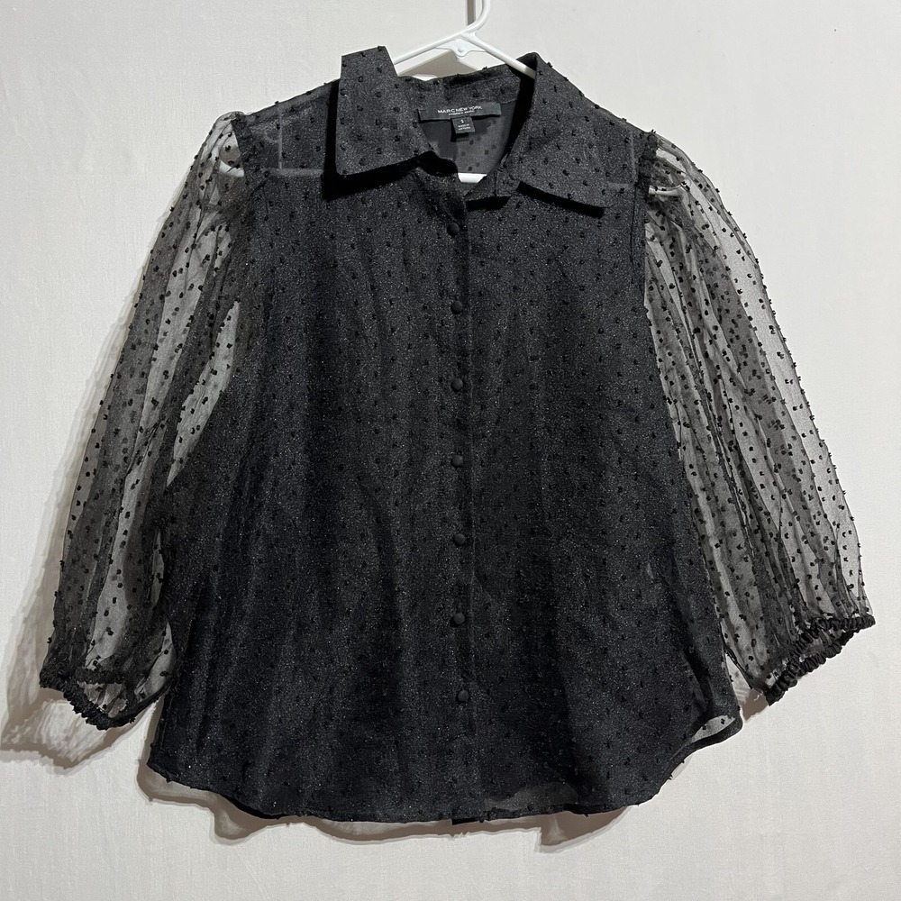 Andrew Marc Blouse Top Women's Small Black Polka Dot Lined Collared Button-Up